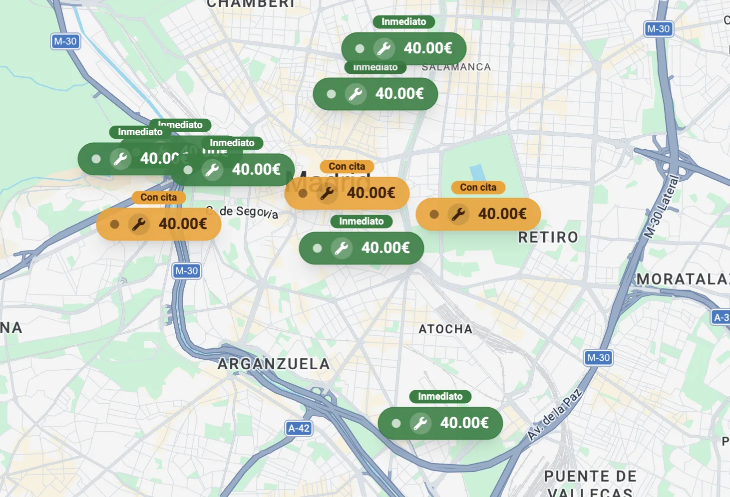 Mapa de talleres disponibles en Madrid